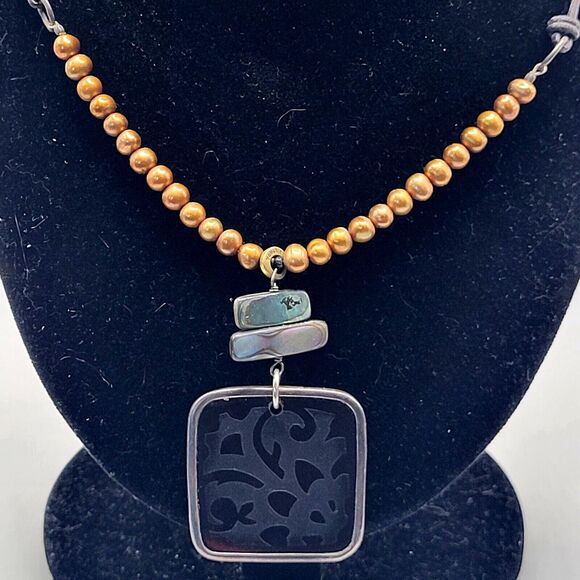 Silpada Gold Pearl, Abalone, Silver Brown Glass Pendant 90s Bohemian 18.5in - Picture 4 of 6